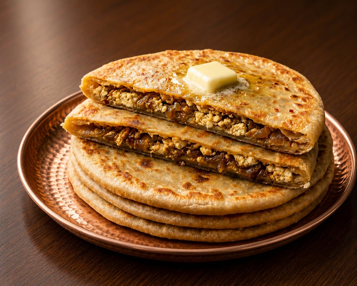 Paneer pyaaz paratha with melted butter